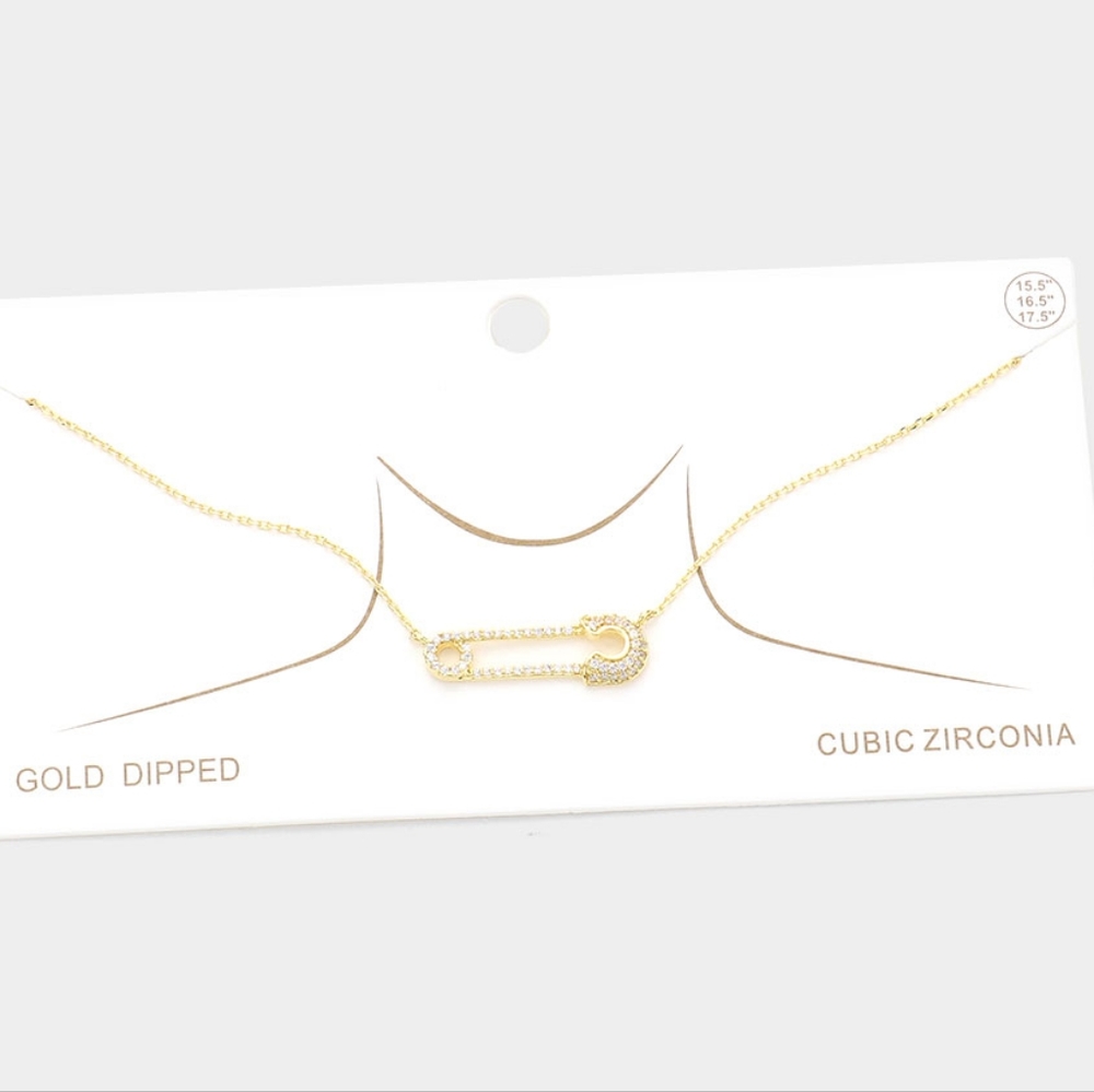 Gold Cubic Zirconia Safety Pin Crystal Necklace CZ Pendant Chain